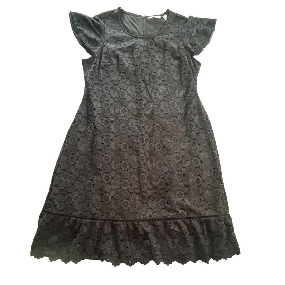 Isaac‎ Mizrahi Dress 1X Lace Overlay Sheath Black Short Sleeve Stretch Career